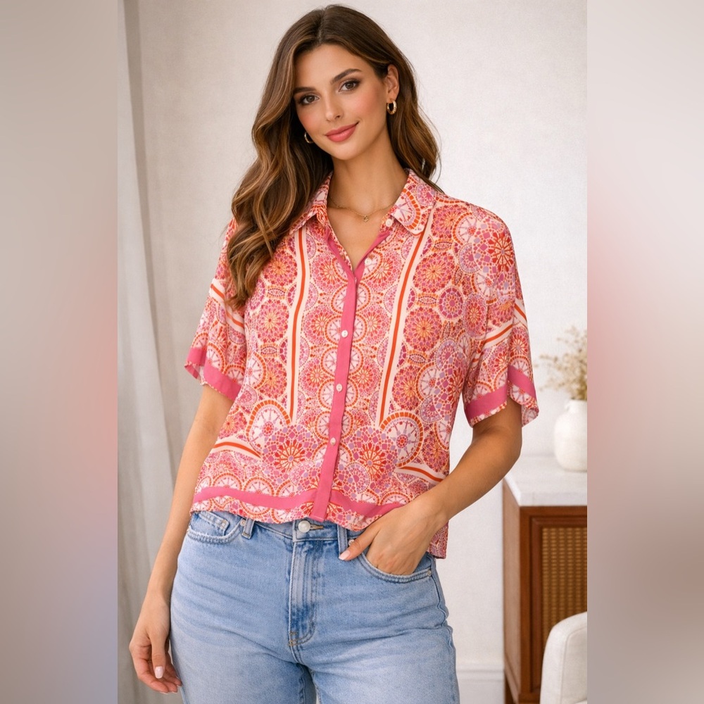 Alex & Lili Pink Orange Medallion Print Button Blouse Size‎ Small